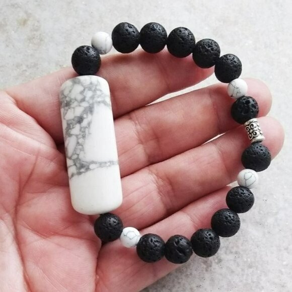 Handmade Howlite Bar + Lava Rocks 7" Bracelet - Aromatherapy - Trendy + Chic! - Picture 2 of 8